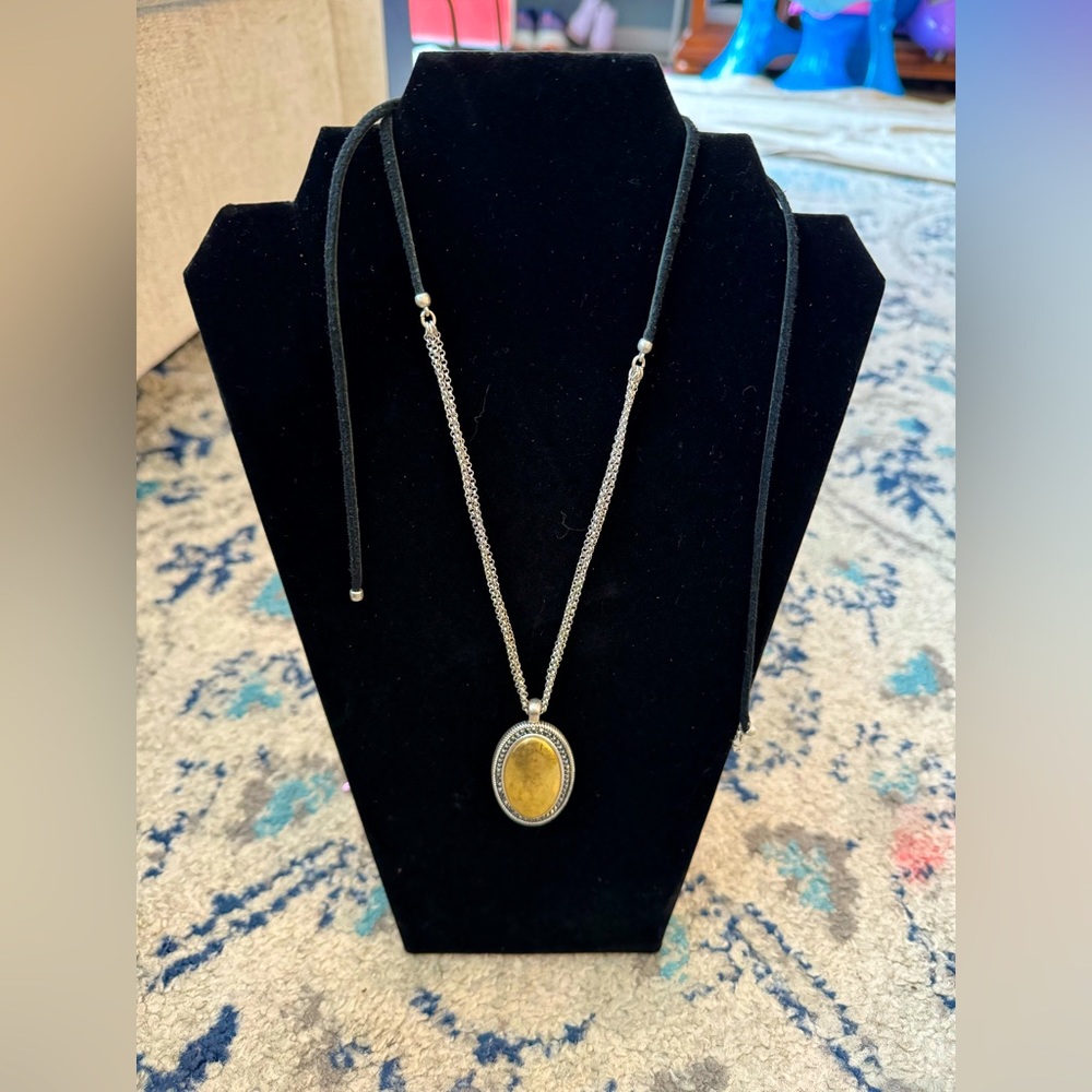 Lucky brand gold silver and pleather oval pendant necklace